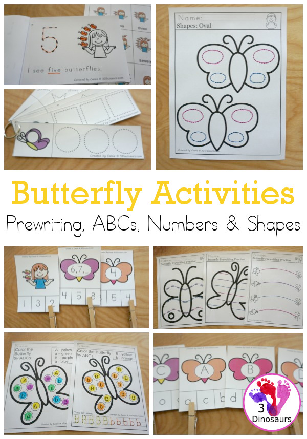 Butterfly Themed Prewriting, Shape, ABCs & Numbers - a fu activity pack with 189 pages of printables with a mix of no-prep, easy reader books and clip cards for learning with a butterfly theme for kids to try out - 3Dinosaurs.com