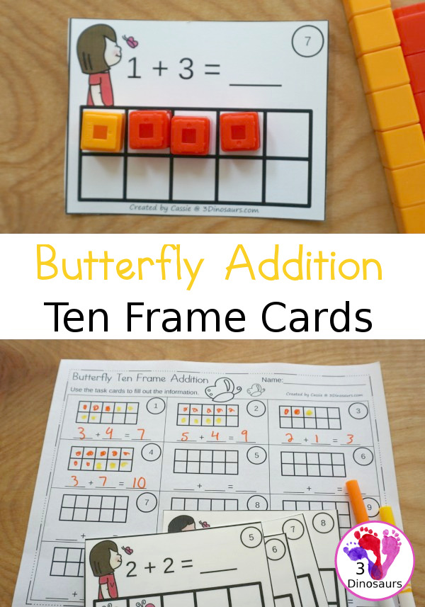 Free Butterfly Addition Ten Frame Cards - 2 sets of cards with matching recording sheet. These are great for individual practice or a math center  - 3Dinosaurs.com