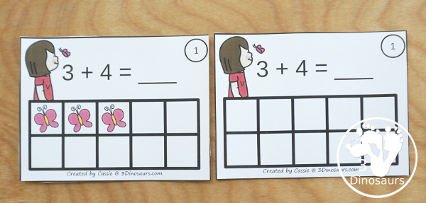 Free Butterfly Addition Ten Frame Cards - 2 sets of cards with matching recording sheet. These are great for individual practice or a math center  - 3Dinosaurs.com