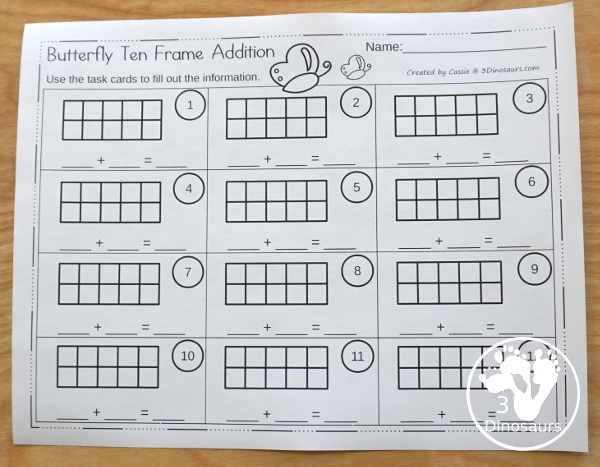 Free Butterfly Addition Ten Frame Cards - 2 sets of cards with matching recording sheet. These are great for individual practice or a math center  - 3Dinosaurs.com