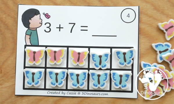 Free Butterfly Addition Ten Frame Cards - 2 sets of cards with matching recording sheet. These are great for individual practice or a math center - 3Dinosaurs.com