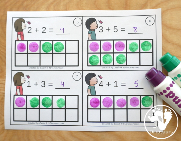 Free Butterfly Addition Ten Frame Cards - 2 sets of cards with matching recording sheet. These are great for individual practice or a math center  - 3Dinosaurs.com
