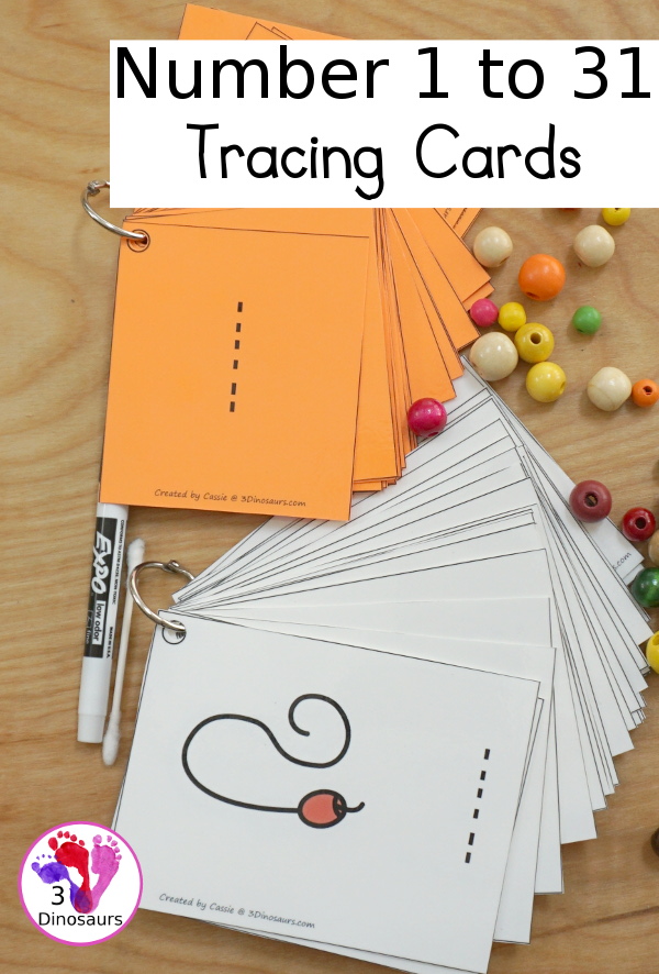 Free Handwriting: Number Tracing Cards For 1 to 31 - number digit with 1 to 31 with two options just number and numbers and matching pictures - 3Dinosaurs.com
