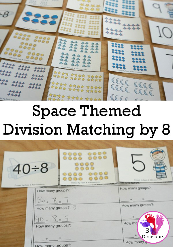Free Space Theme Division by 8 Matching - with three types of cards with a recording sheet - 3Dinosaurs.com