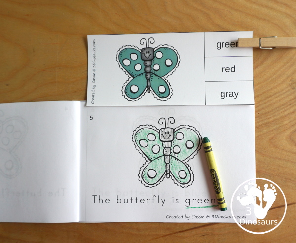 Free Butterfly Color Easy Reader Book & Clip Cards - a fun color easy reader book with a butterfly theme with matching color clip cards that works on 11 color words - 3Dinosaurs.com