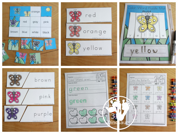 Butterfly Color Pack - with 65 pages of printables with color easy reader book, color clip cards, color tracing strips, color writing strips, color pocket chart cards, color word writing, color word puzzles, and more all to work on learning color words - 3Dinosaurs.com