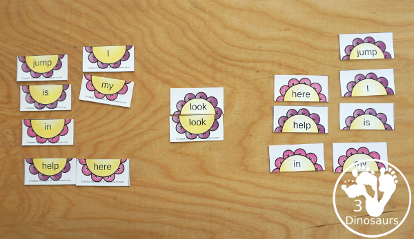 Free Spring Themed Flower Sight Word Matching Puzzles with 220 Sight Words - with two-piece matching puzzles for all 220 Dolch Sight words. A very fun way to work on sigh words - 3Dinosaurs.com