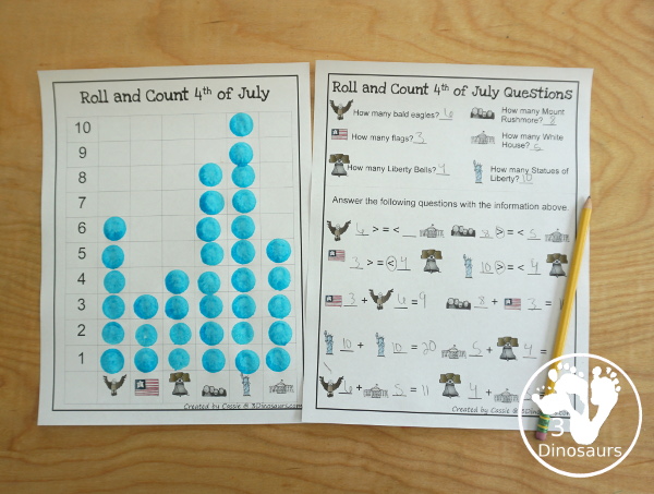 Free 4th of July Pack for Tot, PreK & Kindergarten - a mix of Fourth of July hands-on printables and Fourth of July worksheets for kids. A mix of great activities for kids to learn different words that are about the Fourth of July. 3Dinosaurs.com