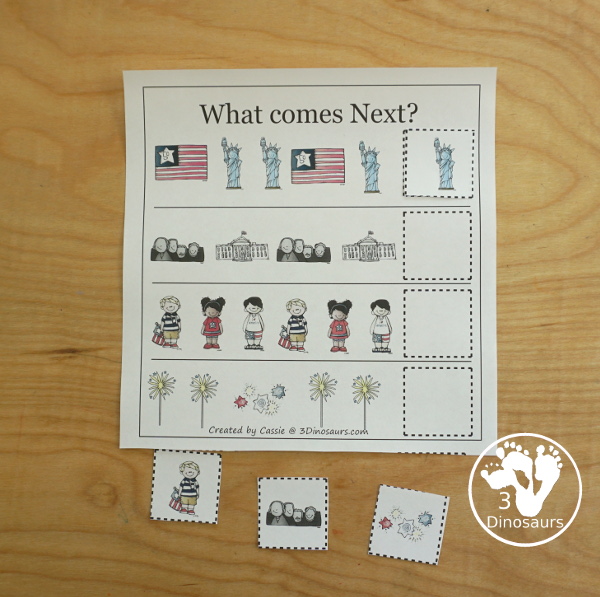 Free 4th of July Pack for Tot, PreK & Kindergarten - a mix of Fourth of July hands-on printables and Fourth of July worksheets for kids. A mix of great activities for kids to learn different words that are about the Fourth of July. 3Dinosaurs.com