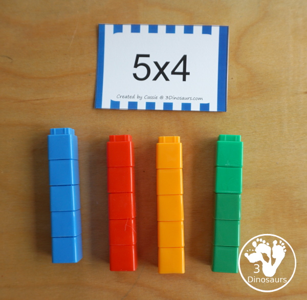 Free Multiplication Flash Cards Printables - with multiplication from 1 to 12 with white, red, green, pink and blue options for the cards with 8 cards on each page - solving with unfix cubes - 3Dinosaurs.com