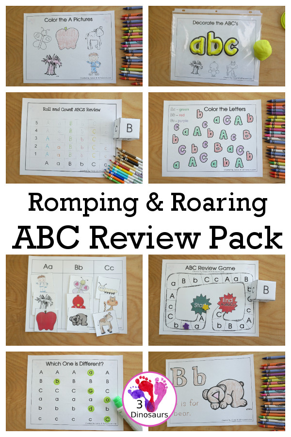 Free Romping and Roaring ABC Review Pack - with letter a, letter b, and letter c printables for reviewing the three letters with tracing, puzzles, coloring pages, finger puppets, game and more - 3Dionsaurs.com