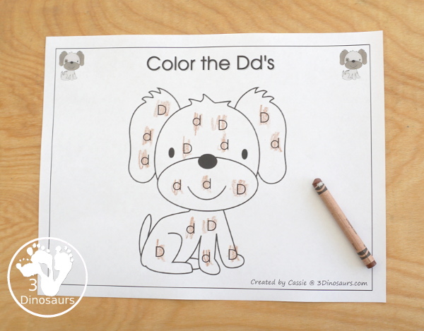 Free Romping & Roaring D Pack Letter Pack: D is for Dog - a letter D pack that has prewriting, finding letters, tracing letters, coloring pages, shapes, puzzles, and more to help kids learn their letter of the alphabet - 3Dinosaurs.com