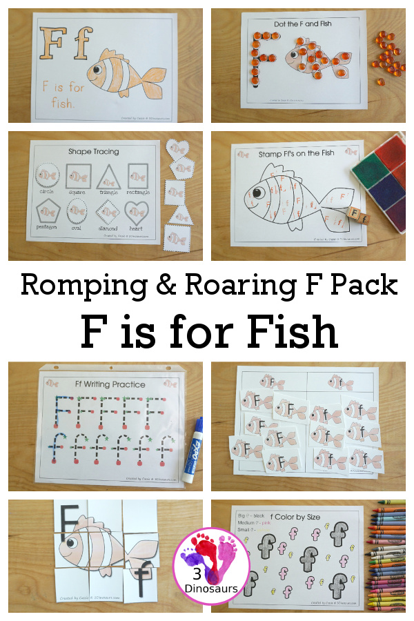 Free Romping & Roaring F Pack Letter Pack: F is for Fish - a letter F pack that has prewriting, finding letters, tracing letters, coloring pages, shapes, puzzles, and more to help kids learn their letter of the alphabet - 3Dinosaurs.com
