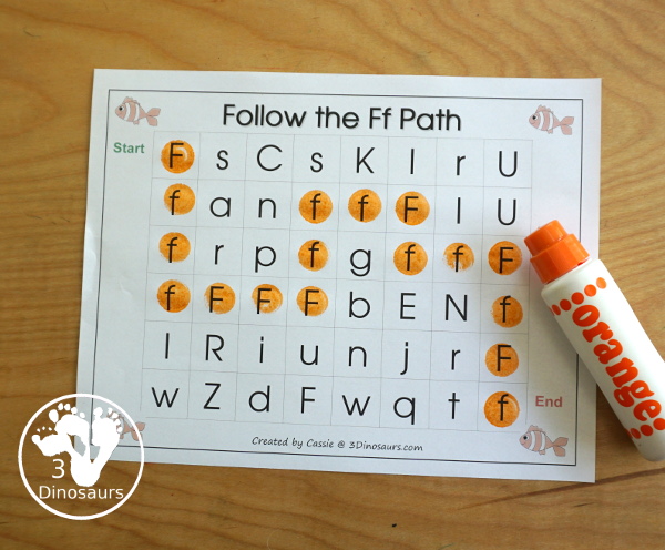 Free Romping & Roaring F Pack Letter Pack: F is for Fish - a letter F pack that has prewriting, finding letters, tracing letters, coloring pages, shapes, puzzles, and more to help kids learn their letter of the alphabet - 3Dinosaurs.com