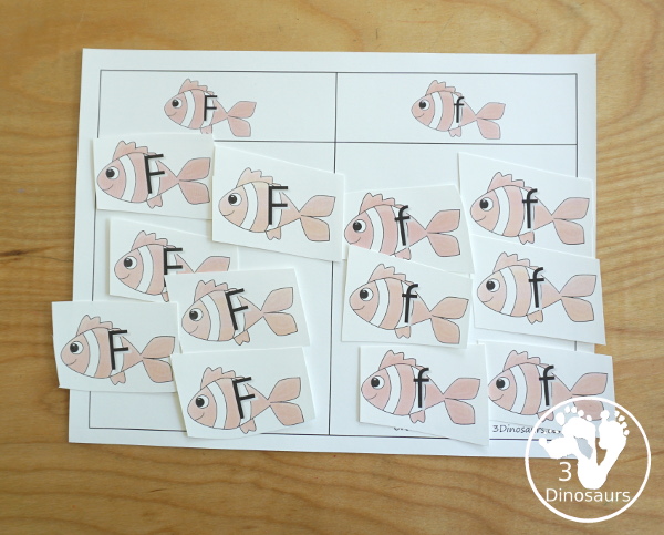 Free Romping & Roaring F Pack Letter Pack: F is for Fish - a letter F pack that has prewriting, finding letters, tracing letters, coloring pages, shapes, puzzles, and more to help kids learn their letter of the alphabet - 3Dinosaurs.com