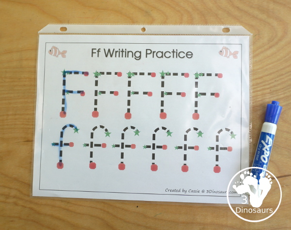 Free Romping & Roaring F Pack Letter Pack: F is for Fish - a letter F pack that has prewriting, finding letters, tracing letters, coloring pages, shapes, puzzles, and more to help kids learn their letter of the alphabet - 3Dinosaurs.com