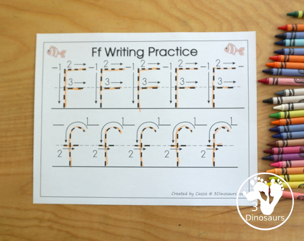 Free Romping & Roaring F Pack Letter Pack: F is for Fish - a letter F pack that has prewriting, finding letters, tracing letters, coloring pages, shapes, puzzles, and more to help kids learn their letter of the alphabet - 3Dinosaurs.com