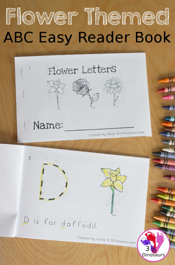 Free Flower ABC Easy Reader Book Printable - is a 19 pages book with 18 flowers for kids to trace the uppercase beginning sound and read a simple sentence - 3Dinosaurs.com 