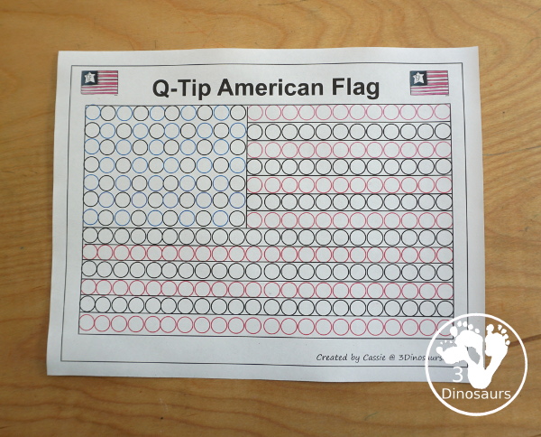 Q-Tip American Flag Painting Craft - an easy fine motor craft that kids can to do to make an American Flag. This is great for Flag Day, Memorial Day, and the Fourth of July - 3Dinosaurs.com