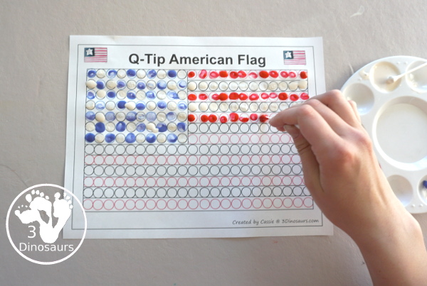 Q-Tip American Flag Painting Craft - an easy fine motor craft that kids can to do to make an American Flag. This is great for Flag Day, Memorial Day, and the Fourth of July - 3Dinosaurs.com