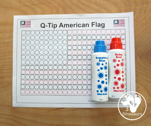 Q-Tip American Flag Painting Craft - an easy fine motor craft that kids can to do to make an American Flag. This is great for Flag Day, Memorial Day, and the Fourth of July - 3Dinosaurs.com