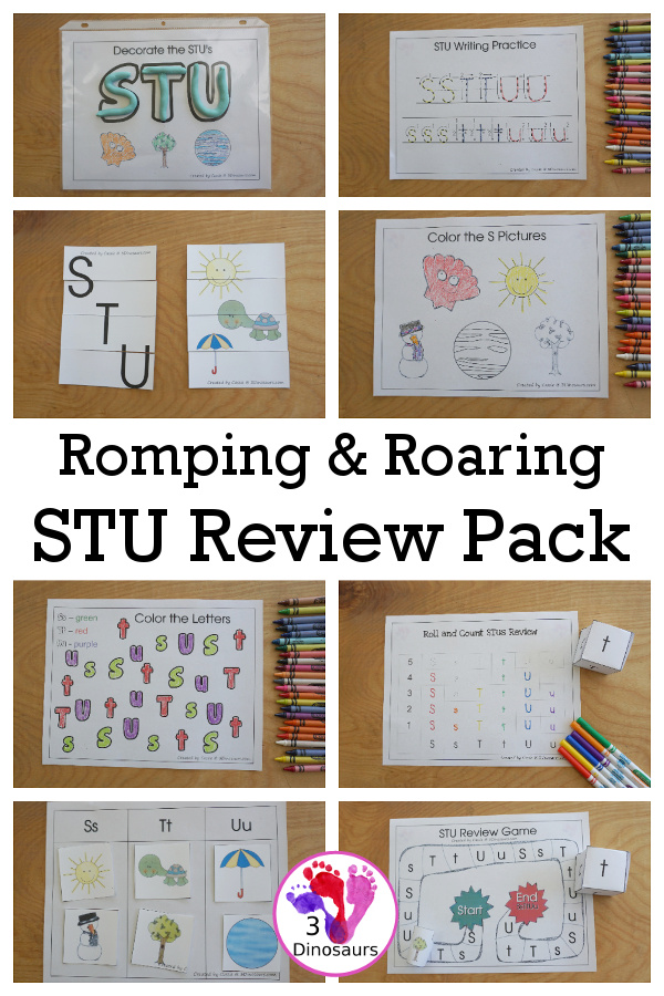 Free Romping & Roaring STU Review Pack- with letter s, letter t, and letter u printables for reviewing the three letters with tracing, puzzles, coloring pages, finger puppets, game and more- 3Dinosaurs.com