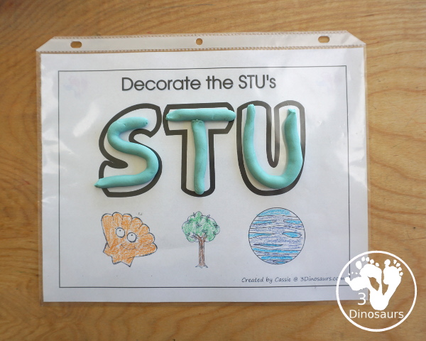 Free Romping & Roaring STU Review Pack- with letter s, letter t, and letter u printables for reviewing the three letters with tracing, puzzles, coloring pages, finger puppets, game and more- 3Dinosaurs.com