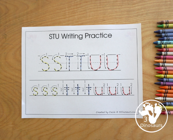 Free Romping & Roaring STU Review Pack- with letter s, letter t, and letter u printables for reviewing the three letters with tracing, puzzles, coloring pages, finger puppets, game and more- 3Dinosaurs.com
