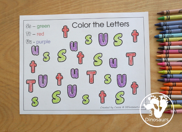 Free Romping & Roaring STU Review Pack- with letter s, letter t, and letter u printables for reviewing the three letters with tracing, puzzles, coloring pages, finger puppets, game and more- 3Dinosaurs.com