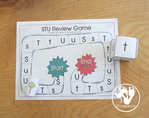 Free Romping & Roaring STU Review Pack- with letter s, letter t, and letter u printables for reviewing the three letters with tracing, puzzles, coloring pages, finger puppets, game and more- 3Dinosaurs.com