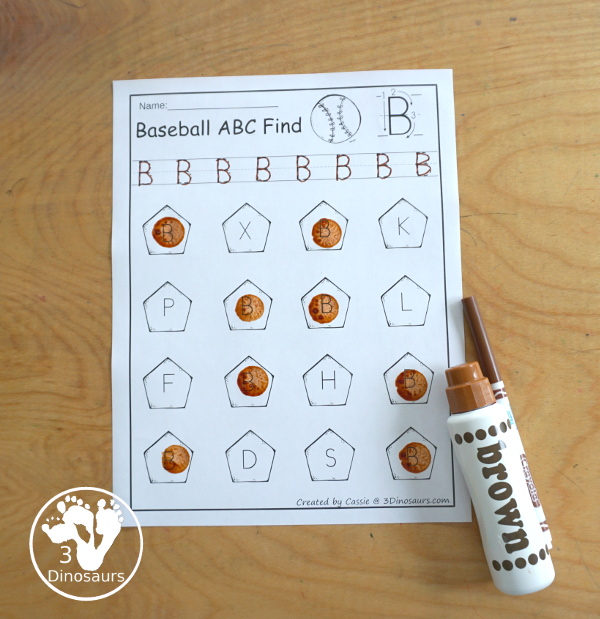 Basetball ABC Letter Find Printable with uppercase ABC finds and lowercase ABC finds. You trace the letters and then find the letter on the home plate - 3Dinosaurs.com