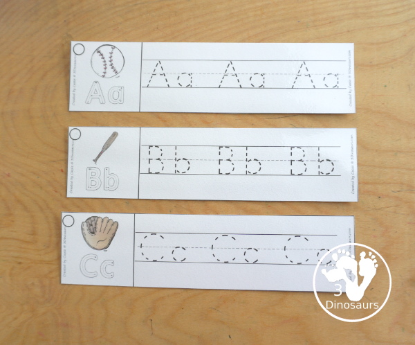 Free Baseball ABC Tracing Strips - with all 26 letters of the alphabet with uppercase and lowercase tracing together to work on letter handwriting. Plus an example of how to trace the letters - 3Dinosaurs.com