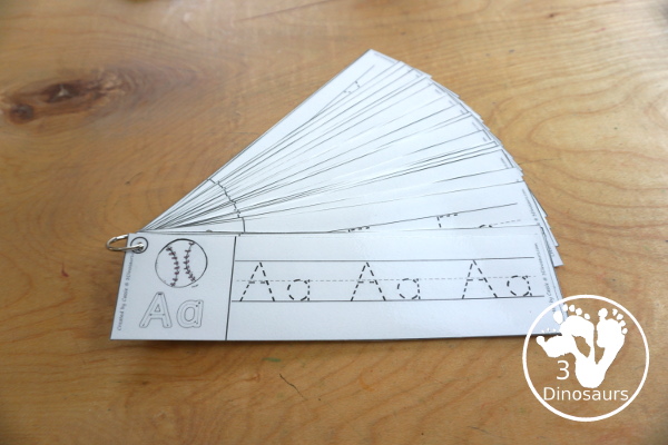 Free Baseball ABC Tracing Strips - with all 26 letters of the alphabet with uppercase and lowercase tracing together to work on letter handwriting. Plus an example of how to trace the letters - 3Dinosaurs.com