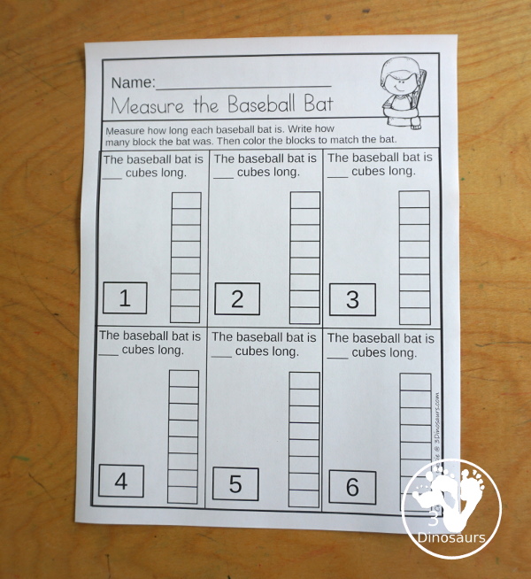 Free Measure the Baseball Bat with 6 measuring bats cards and 1 measuring recording worksheet for kids. Great for first grade and kindergarten - 3Dinosaurs.com