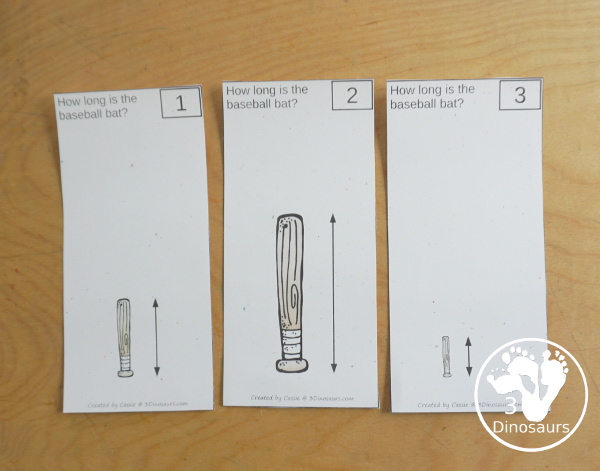 Free Measure the Baseball Bat with 6 measuring bats cards and 1 measuring recording worksheet for kids. Great for first grade and kindergarten - 3Dinosaurs.com