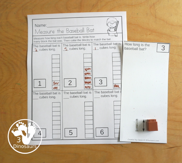 Free Measure the Baseball Bat with 6 measuring bats cards and 1 measuring recording worksheet for kids. Great for first grade and kindergarten - 3Dinosaurs.com