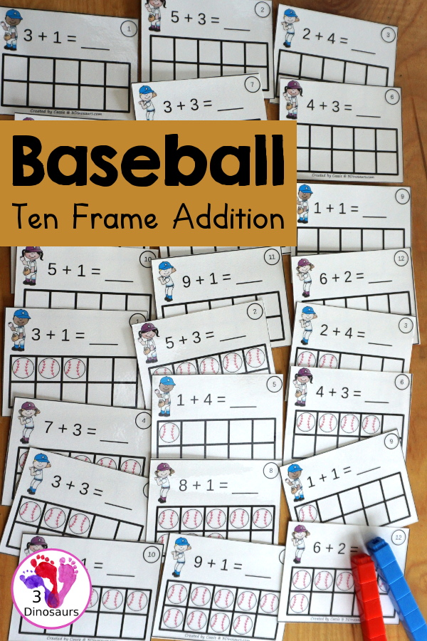 Free Baseball Ten Frame Addition 1 to 10 with part of ten frame filled out and part empty with a recording sheet that can be used the ten frame addition cards - 3Dinosaurs.com