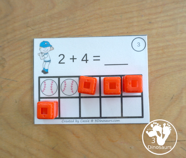 Free Baseball Ten Frame Addition 1 to 10 with part of ten frame filled out and part empty with a recording sheet that can be used the ten frame addition cards - 3Dinosaurs.com
