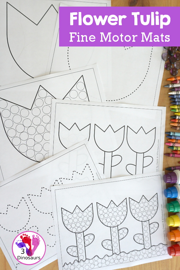 Free Tulip Fine Motor Mat Printables - with two version of a tulip for different skill levels with a single tuplip flower and three flowers on a page with ground, stem and leaves - you have a flower template printable, flower tracing printable, flower dot marker printable, and flower q-tip printable - 3Dinosaurs.com