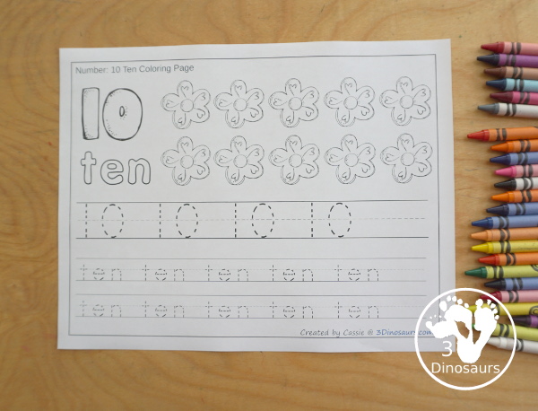 Free Flower Number Color & Trace - Numbers o to 10 with counting the flowers and tracing the number and number word for each number with 11 pages of printables for prek and kindergarten - 3Dinosaurs.com