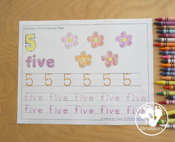 Free Flower Number Color & Trace - Numbers o to 10 with counting the flowers and tracing the number and number word for each number with 11 pages of printables for prek and kindergarten - 3Dinosaurs.com