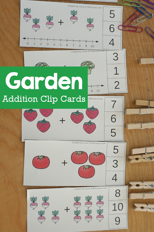 Free Garden Addition Clip Card Printables: Addition 1 to 10 - with two set of cards with a number line and without a number line. - 3Dinosaurs.com