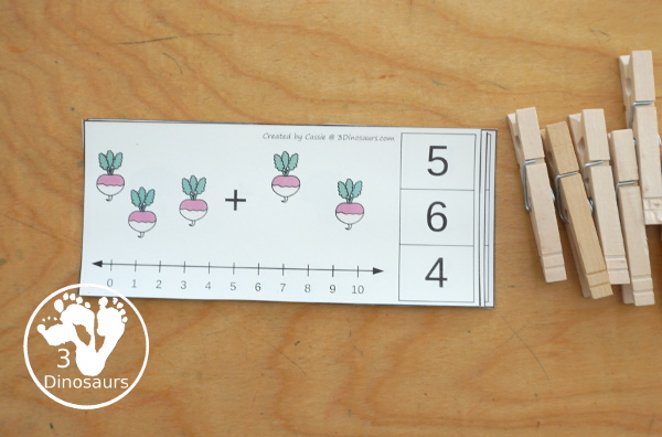 Free Garden Addition Clip Card Printables: Addition 1 to 10 - with two set of cards with a number line and without a number line. - 3Dinosaurs.com