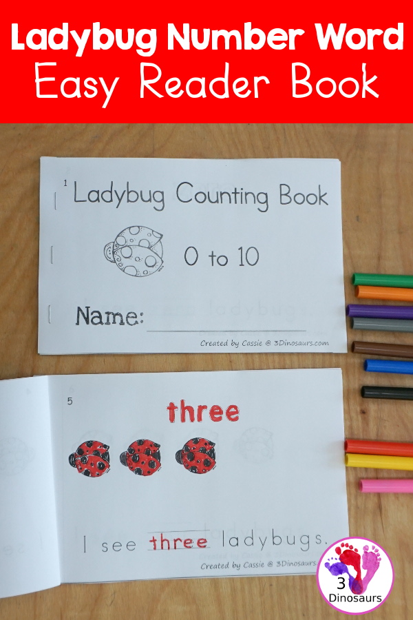 Free Ladybug Counting Book - with numbers - 0 to 10 for tracing and coloring the number word. A 12 page easy reader book - 3Dinosaurs.com