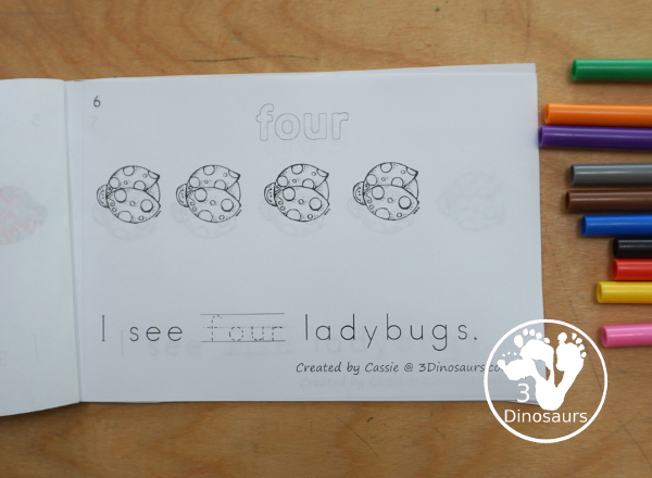 Free Ladybug Counting Book - with numbers - 0 to 10 for tracing and coloring the number word. A 12 page easy reader book - 3Dinosaurs.com
