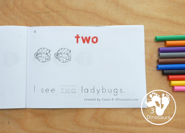 Free Ladybug Counting Book - with numbers - 0 to 10 for tracing and coloring the number word. A 12 page easy reader book - 3Dinosaurs.com