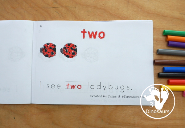 Free Ladybug Counting Book - with numbers - 0 to 10 for tracing and coloring the number word. A 12 page easy reader book - 3Dinosaurs.com