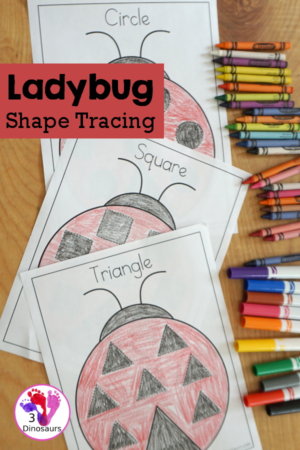 Free Ladybug Shape Tracing Printable - with 9 shapes for kids to trace on the back on the ladybug. A great shape fine motor activity for kids. - 3Dinosaurs.com