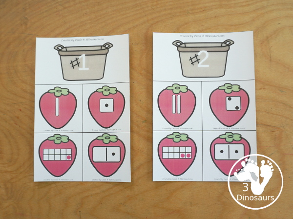 Free Strawberry Number Sense from 1 to 20 with matching several different number types to the numerical number including tally marks, dominos, ten frames, and dice - 3Dinosaurs.com