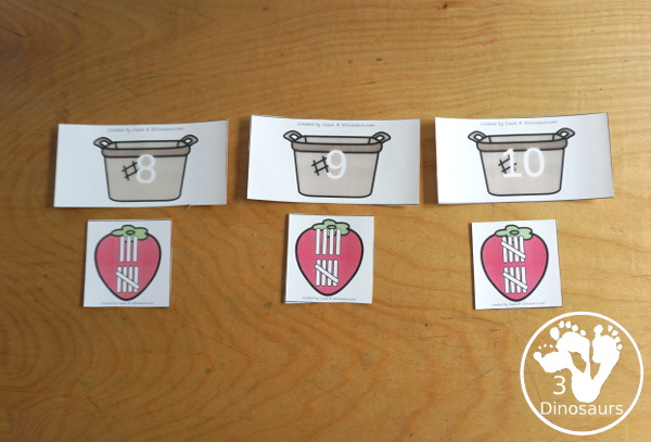 Free Strawberry Number Sense from 1 to 20 with matching several different number types to the numerical number including tally marks, dominos, ten frames, and dice - 3Dinosaurs.com